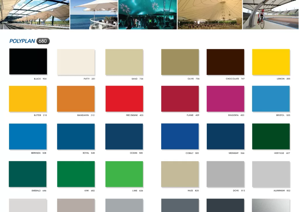 The image displays a color swatch chart from the POLYPLAN 680 series, showcasing an array of fabric colors for architectural uses. The swatches include a wide variety of hues such as Black, Putty, Sand, Olive, Chocolate, Lemon, and more vibrant options like Butter, Mandarin, Fire Engine, Flame, Magenta, and Bristol. The bottom row presents cooler tones with names like Bermuda, Royal, Ocean, and includes greens like Emerald, Kiwi, Lime, with neutral tones such as Haze, Dove, and Aluminium. Each color swatch is labeled with a unique identifying number for easy reference.