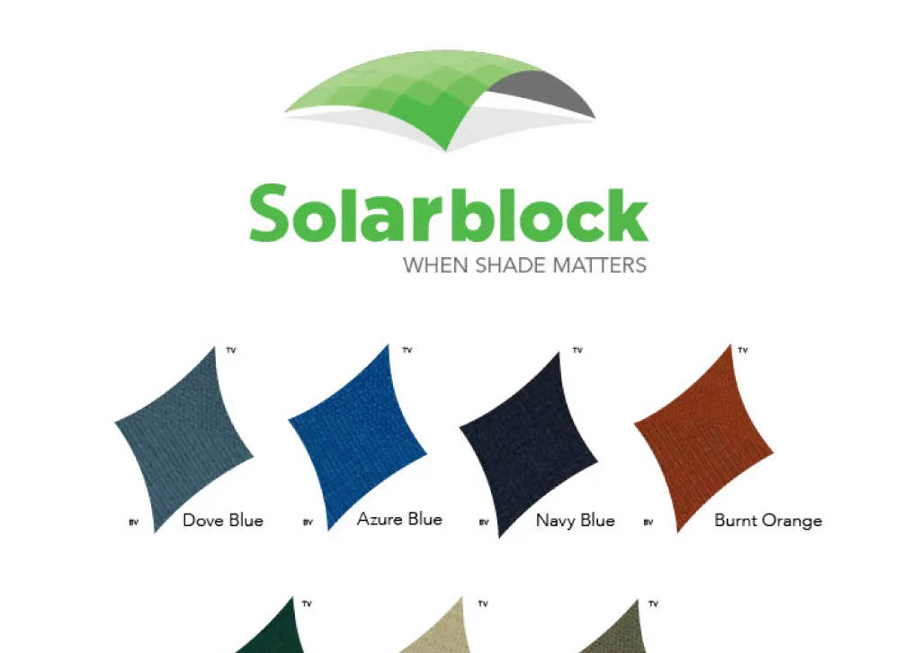 This image features the 'Solarblock' fabric swatch guide with the tagline 'When shade matters'. It showcases a variety of fabric samples for protective shade solutions, each with a textured appearance. The colors displayed include Dove Blue, Azure Blue, Navy Blue, Burnt Orange, Fern Green, Kalahari Sands, Savannah Gold, Sonic Silver, Slate Grey, and Night Sky. Each swatch is labeled with 'TV' for Top View and 'BV' for Bottom View to give a sense of texture and color depth. The logos of HVG Fabrics, Specialised Textiles Association, and LSAA are present at the bottom, indicating the quality and industry standards of the product.